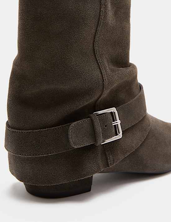 Suede Buckle Slouch Block Heel Ankle Boots