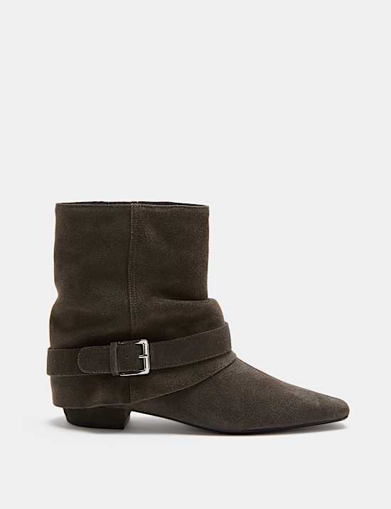 Suede Buckle Slouch Block Heel Ankle Boots