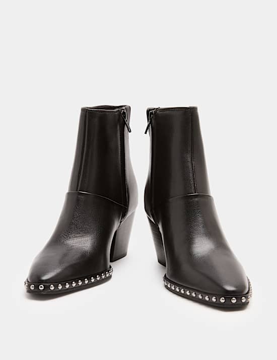 Leather Studded Block Heel Pointed Toe Ankle Boots