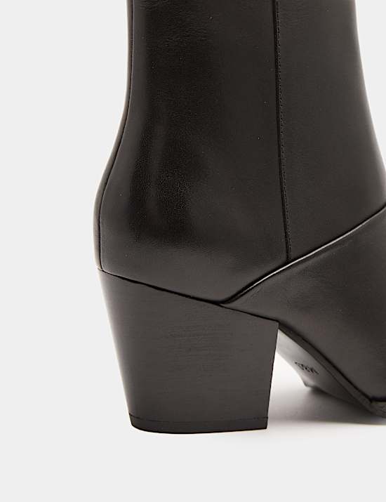 Leather Studded Block Heel Pointed Toe Ankle Boots