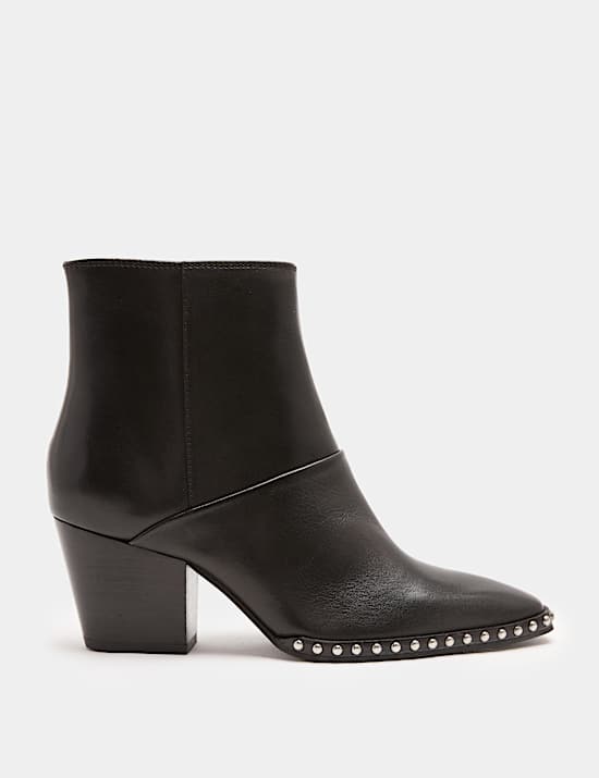 Leather Studded Block Heel Pointed Toe Ankle Boots