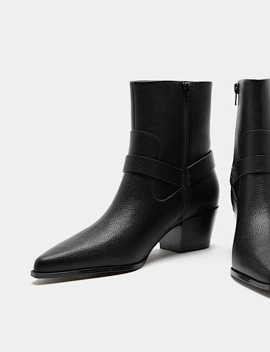 Buckle Block Heel Pointed Toe Ankle Boots