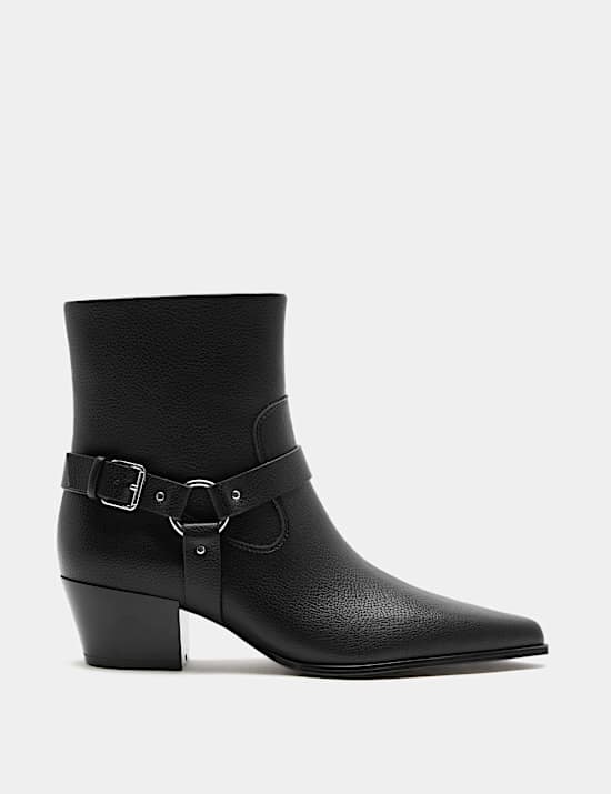Buckle Block Heel Pointed Toe Ankle Boots
