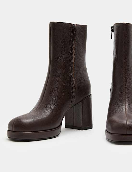 Leather Platform Block Heel Round Toe Ankle Boot