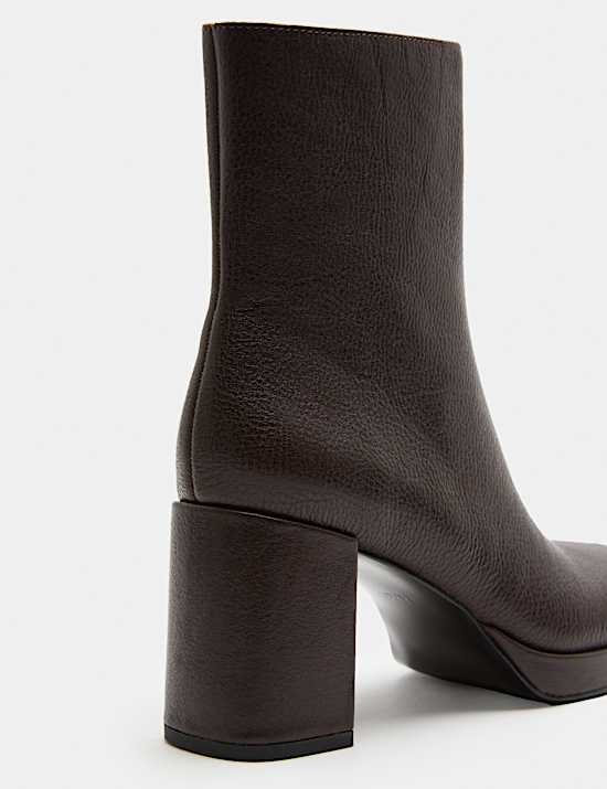 Leather Platform Block Heel Round Toe Ankle Boot
