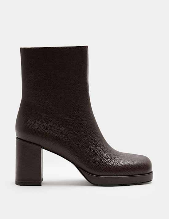 Leather Platform Block Heel Round Toe Ankle Boot