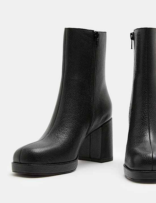 Leather Platform Block Heel Round Toe Ankle Boot