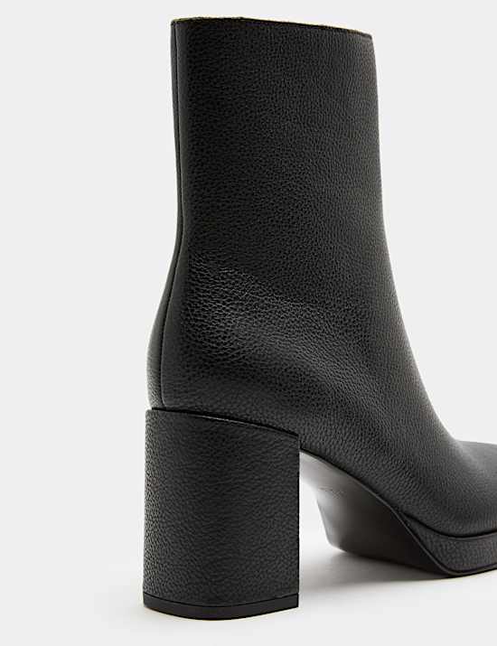 Leather Platform Block Heel Round Toe Ankle Boot