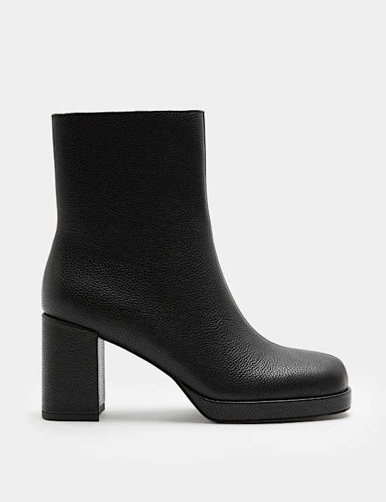 Leather Platform Block Heel Round Toe Ankle Boot