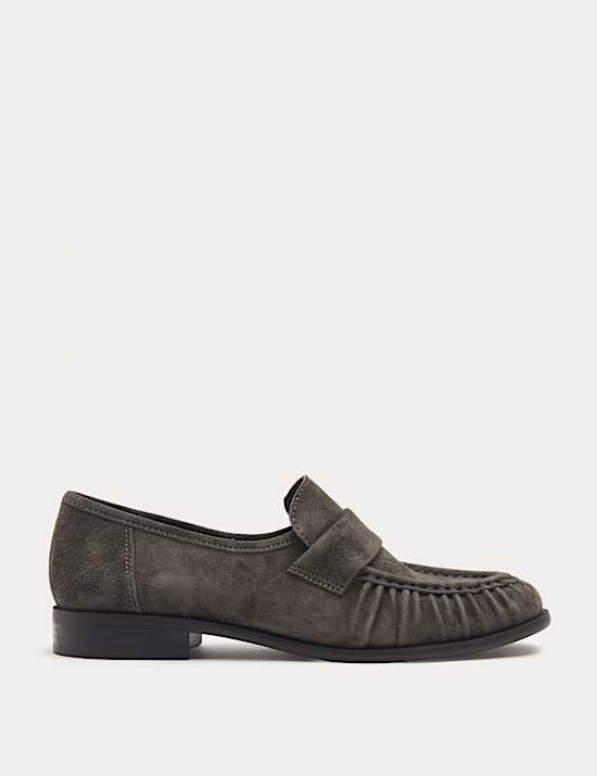 Suede Ruched Block Heel Loafers
