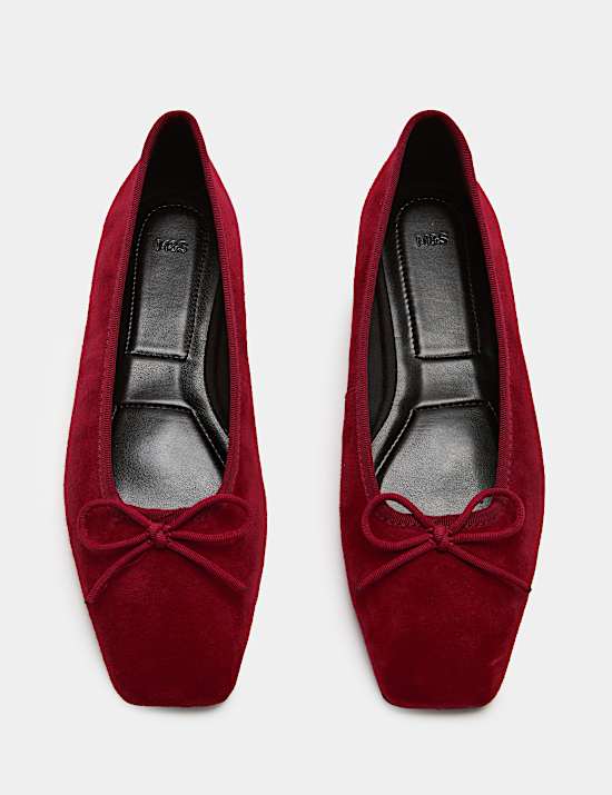 Suede Bow Square Toe Ballet Pumps