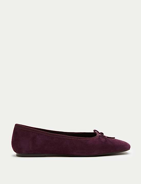 Suede Bow Square Toe Ballet Pumps