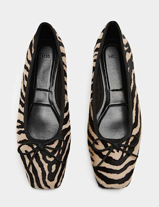 Leather Zebra Print Flat Square Toe Ballet Pumps