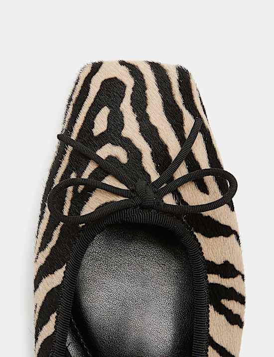 Leather Zebra Print Flat Square Toe Ballet Pumps
