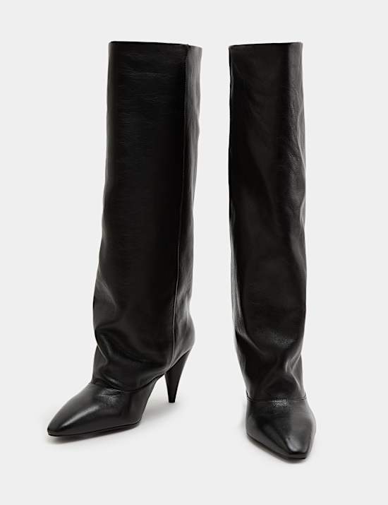 Leather Ruched Stiletto Heel Knee High Boots