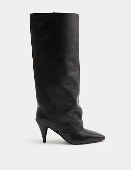 Leather Ruched Stiletto Heel Knee High Boots