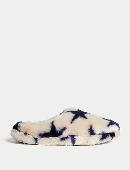 Faux Fur Star Round Toe Mule Slippers