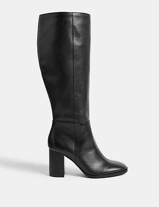 Leather Block Heel Knee High Boots BLACK Boots M S US