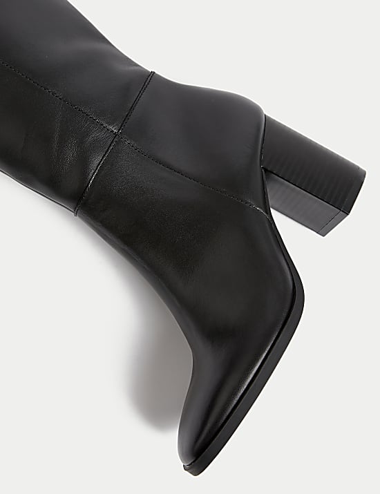 Leather Block Heel Knee High Boots