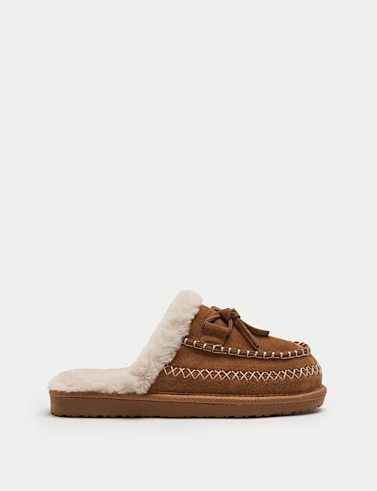 Suede Faux Fur Lined Stitch Detail Clog Slippers