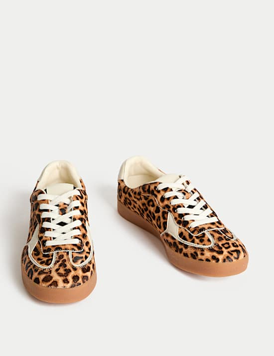 Leather Lace Up Leopard Print Trainers