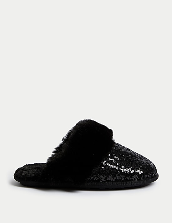 Sequin Faux Fur Cuff Mule Slippers
