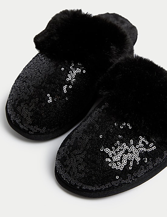 Sequin Faux Fur Cuff Mule Slippers