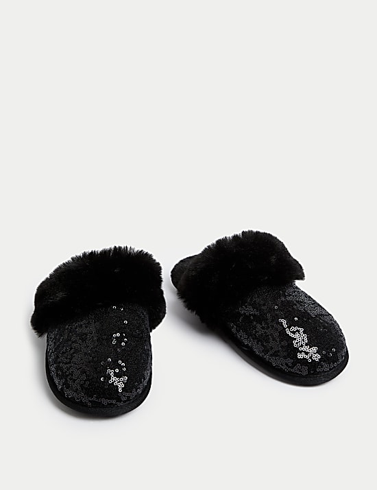 Sequin Faux Fur Cuff Mule Slippers