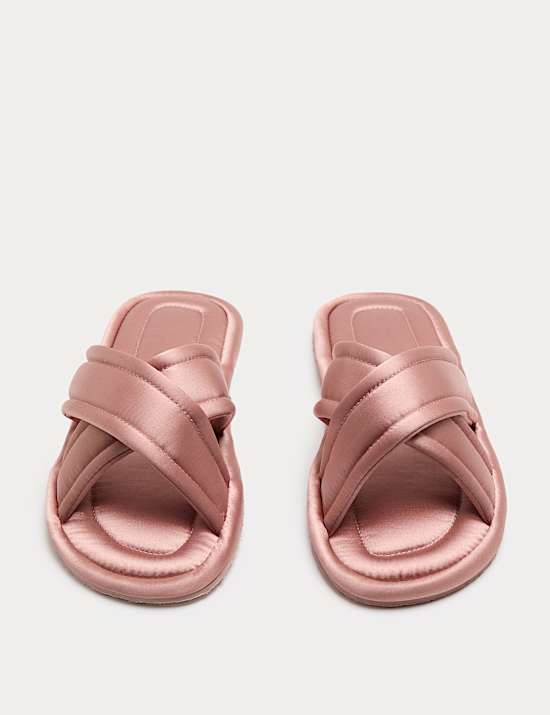 Satin Cross Strap Open Toe Mule Slippers