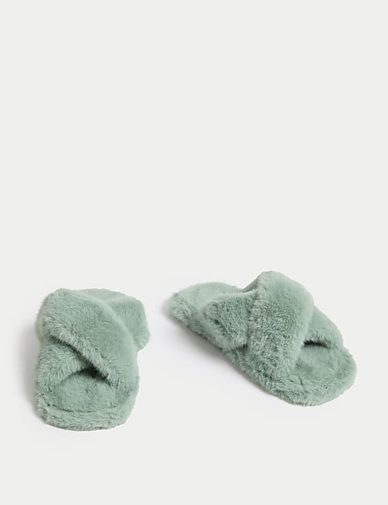 Faux Fur Crossover Open Toe Slippers
