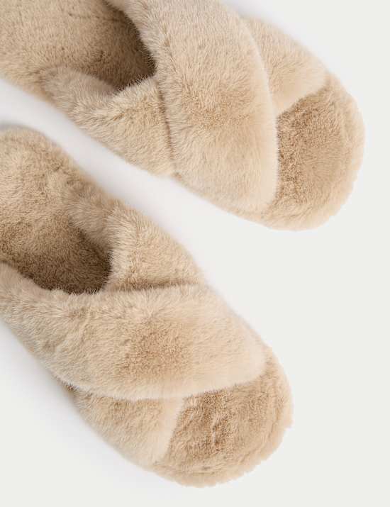Faux Fur Crossover Open Toe Slippers