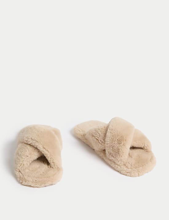 Faux Fur Crossover Open Toe Slippers