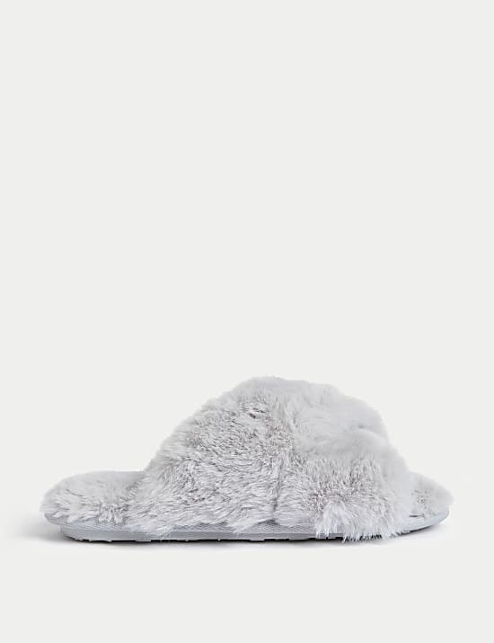 Faux Fur Crossover Slider Slippers LIGHT GREY Slippers M S AU