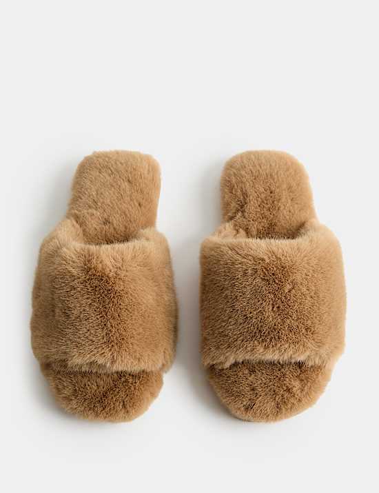 Faux Fur Open Toe Slider Slippers