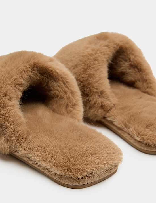 Faux Fur Open Toe Slider Slippers