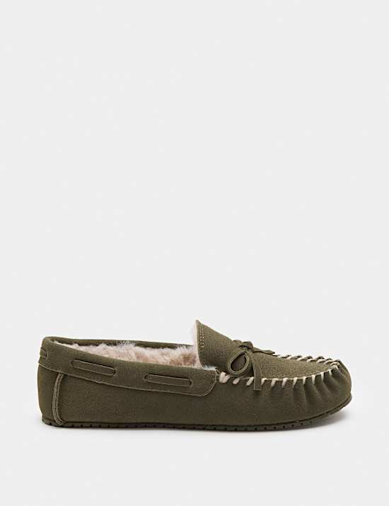 Chaussons style mocassins en daim avec doublure en fausse fourrure