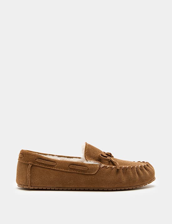 Suede Faux Fur Lined Moccasin Slippers