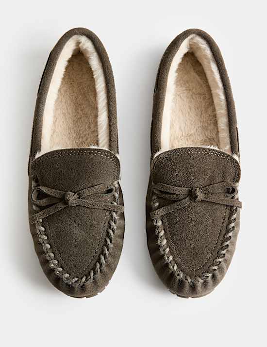 Suede Faux Fur Lined Moccasin Slippers