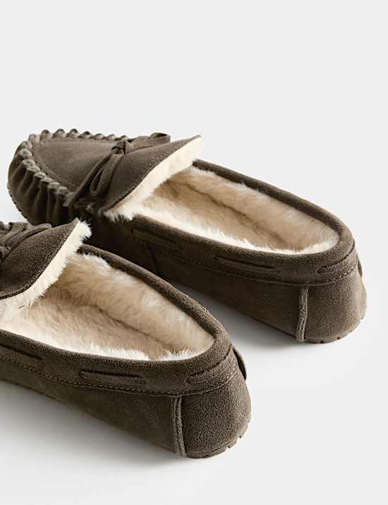 Suede Faux Fur Lined Moccasin Slippers