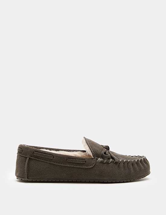 Suede Faux Fur Lined Moccasin Slippers