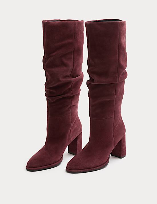 Suede Ruched Block Heel Knee High Boots