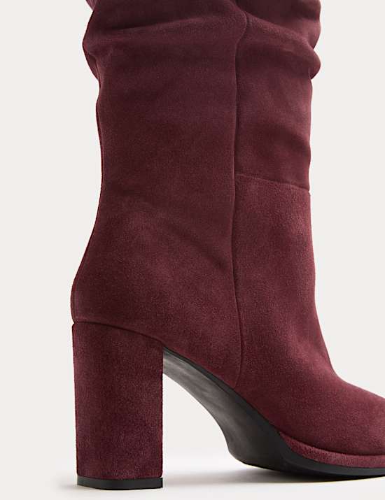 Suede Ruched Block Heel Knee High Boots