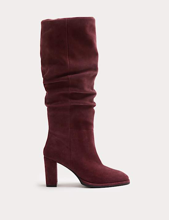 Suede Ruched Block Heel Knee High Boots