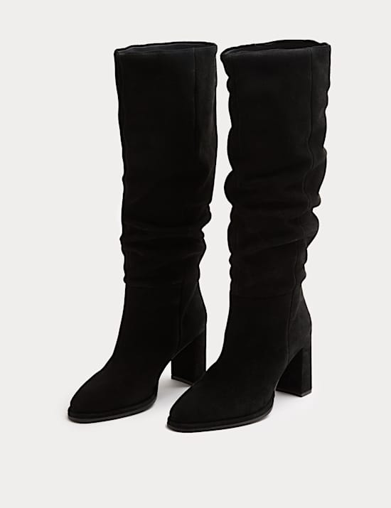 Suede Ruched Block Heel Knee High Boots