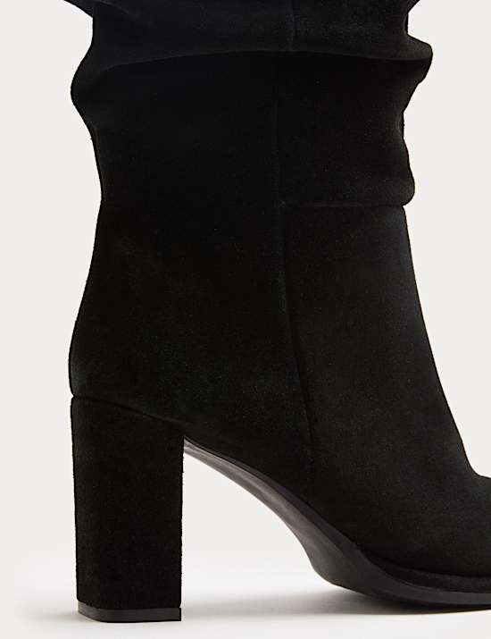 Suede Ruched Block Heel Knee High Boots