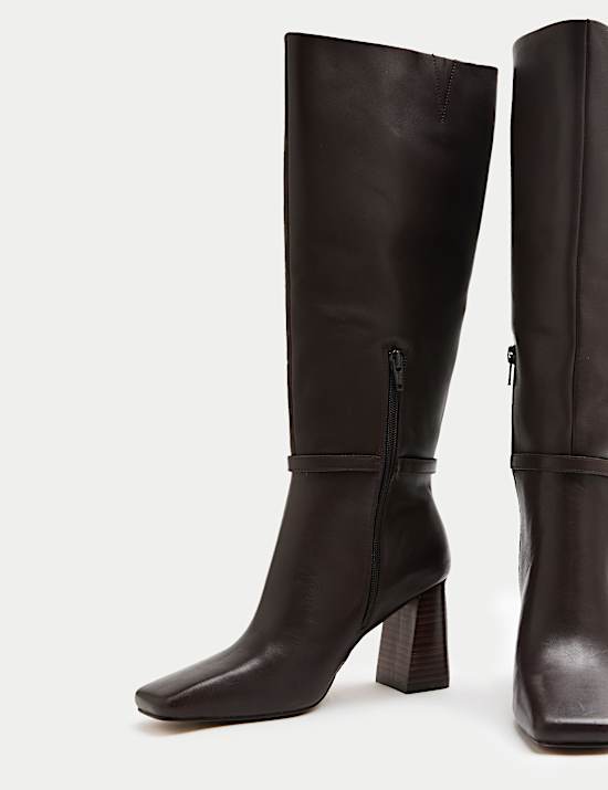 Leather Block Heel Knee High Boots