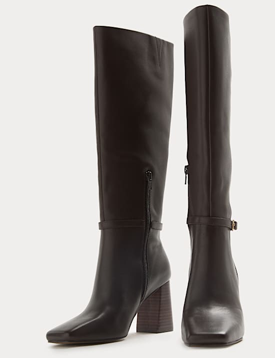 Leather Block Heel Knee High Boots