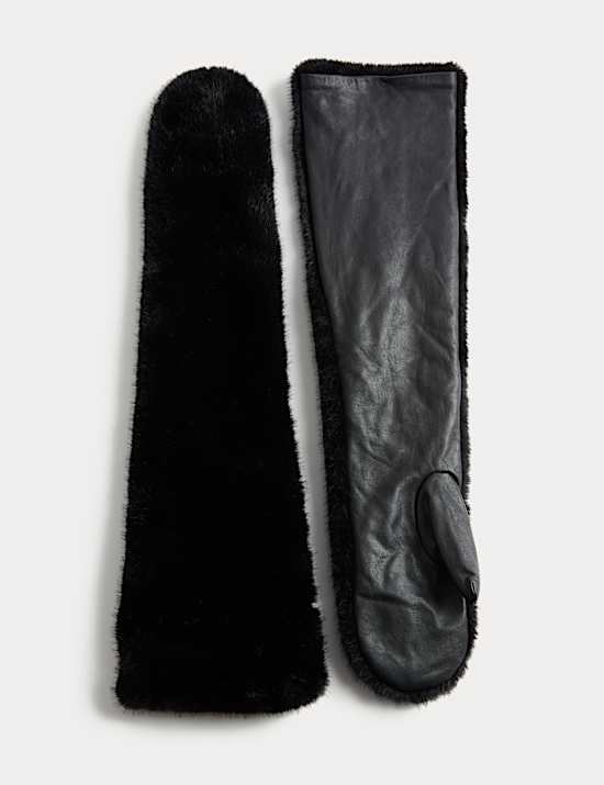 Leather & Faux Fur Long Mittens