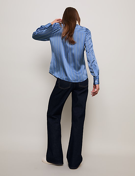 חולצה ממשי טהור עם צווארון ופסים דקים