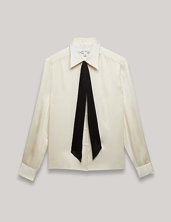 חולצת משי טהור עם צווארון וקשירה